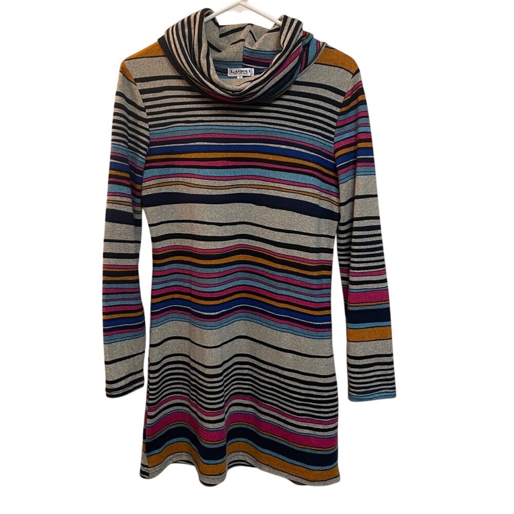 LA Soul Womens Multi Color Striped Cowl Neck Long Sleeve Tunic Mini Dress M